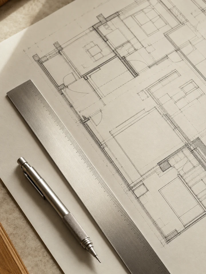 Plano arquitectónico con regla metálica y portaminas