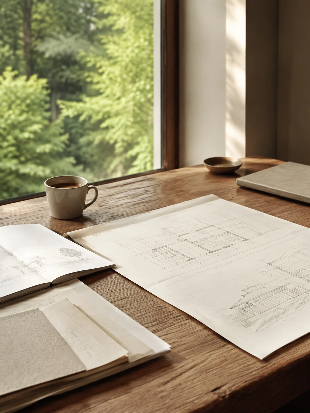 Escritorio con planos, café y vegetación tras el ventanal