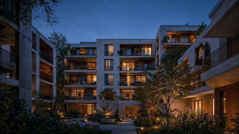 Edificio de viviendas con balcones y jardín compartido al anochecer
